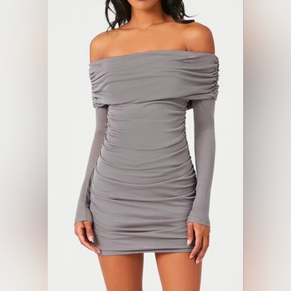 New. Elegant Gray Off-Shoulder Dress